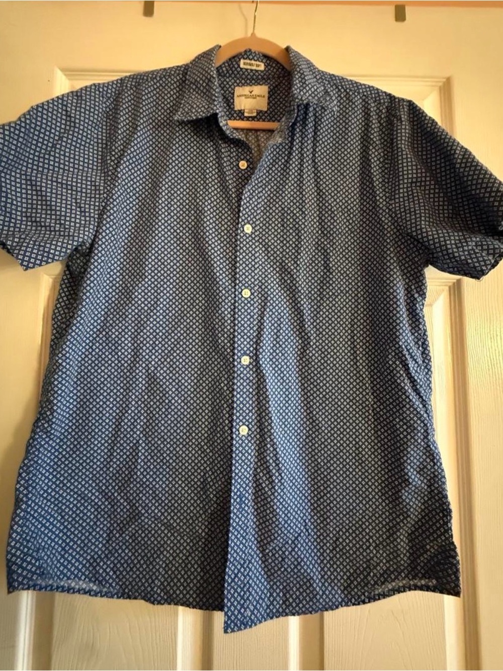 American Eagle Outfitters Blue Short-Sleeve Printed Button-Down Shirt
